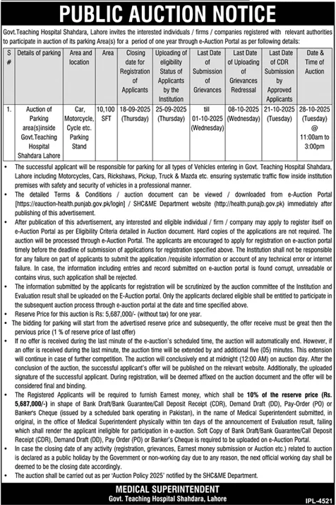 Govt Teaching Hospital Lahore Tender Notice